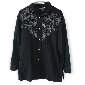 *Vintage* club z denim black and silver bead long sleeve button down shirt